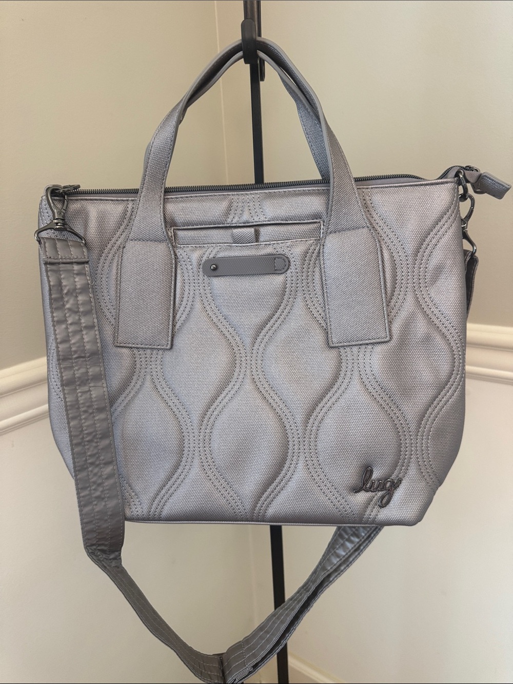 LUG Matte Luxe Alto Quilted Tote Bag w/Detachable crossbody Strap-metallic Pearl